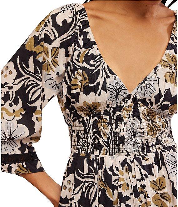Free People Printed Dixie V Neck 3/4 Sleeve Maxi Dress Product Image