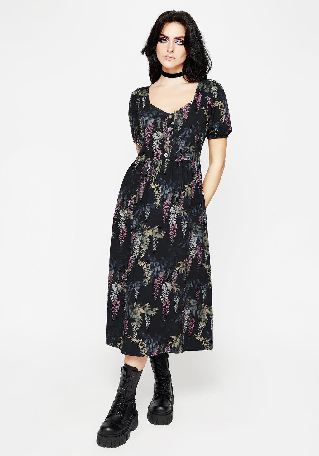 Wisteria Floral Print Puff Sleeve Midi Dress Product Image
