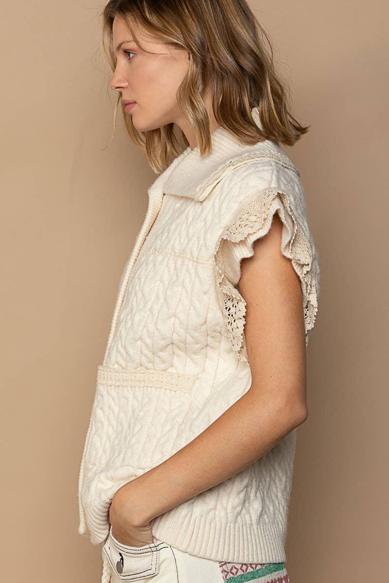 Crochet Button Down Lace Trim Sweater Vest Product Image