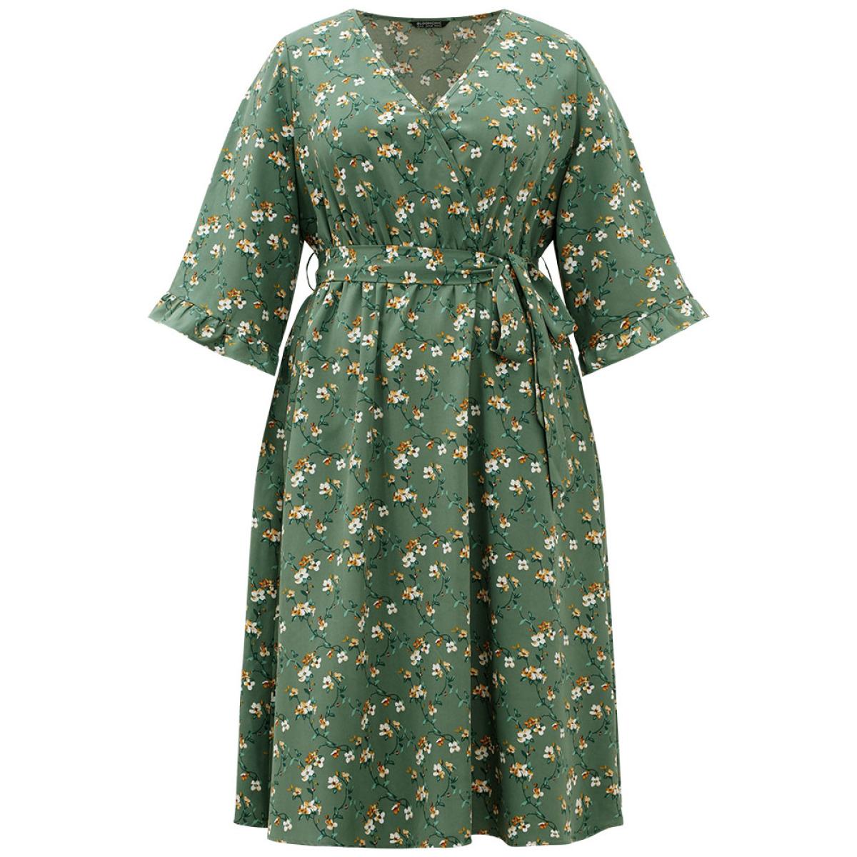 Plus Size Floral Print Surplice Neck Flutter Trim Dress Green Women Elegant Printed V-neck Elbow-length sleeve Curvy Midi Dress BloomChic 30/6X Product Image