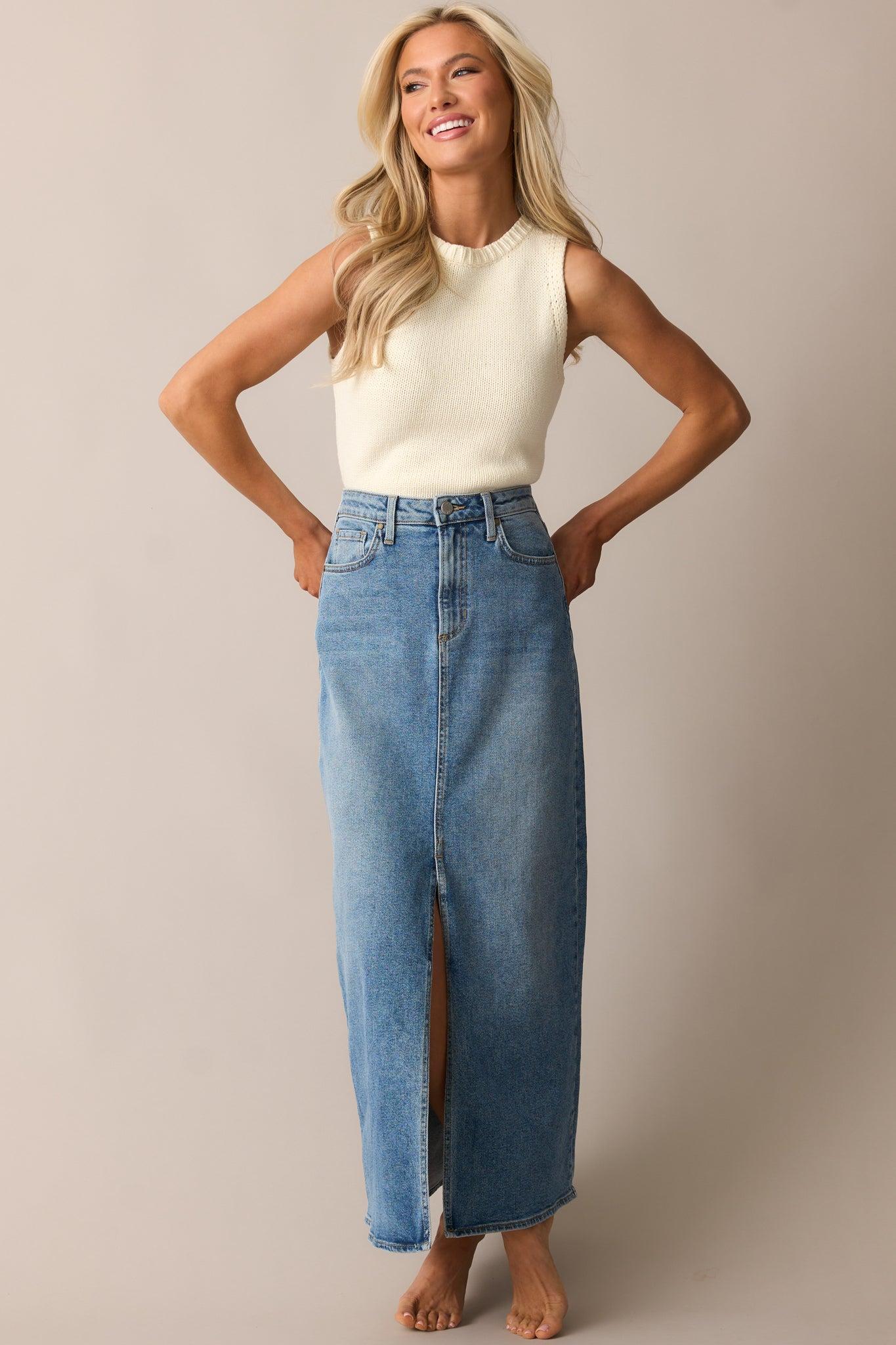 Days Of Dreaming Medium Wash Denim Midi Skirt Product Image