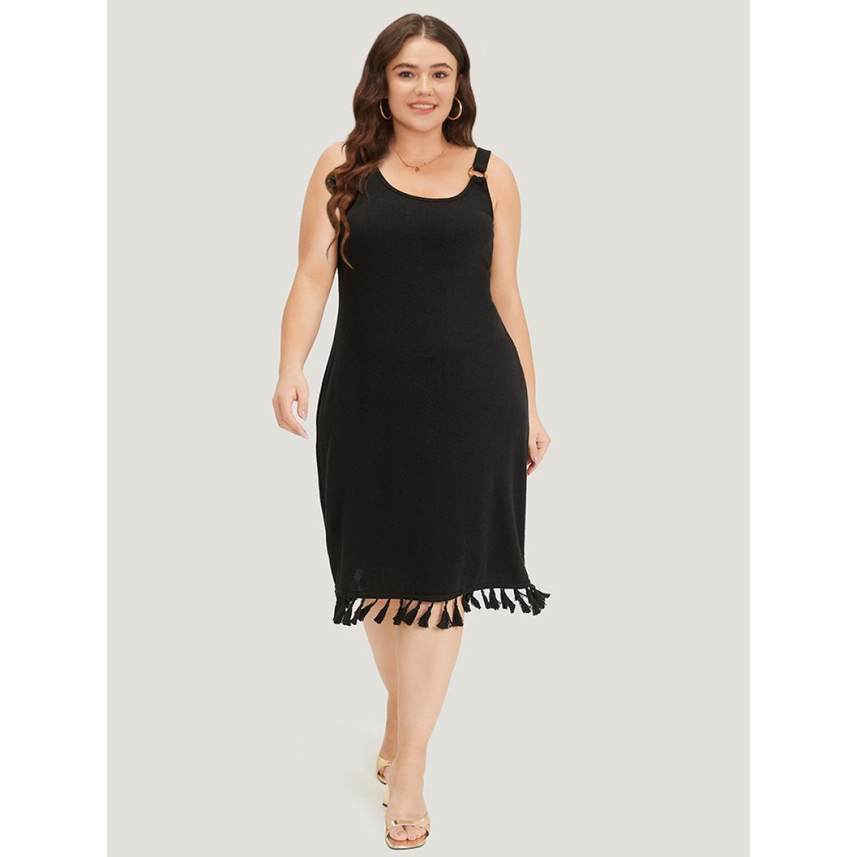 Plus Size Plain Tassel Trim Adjustable Straps Cami Dress Black Women Glamour Adjustable Straps Spaghetti Strap Sleeveless Curvy Midi Dress BloomChic 14-16/1X Product Image