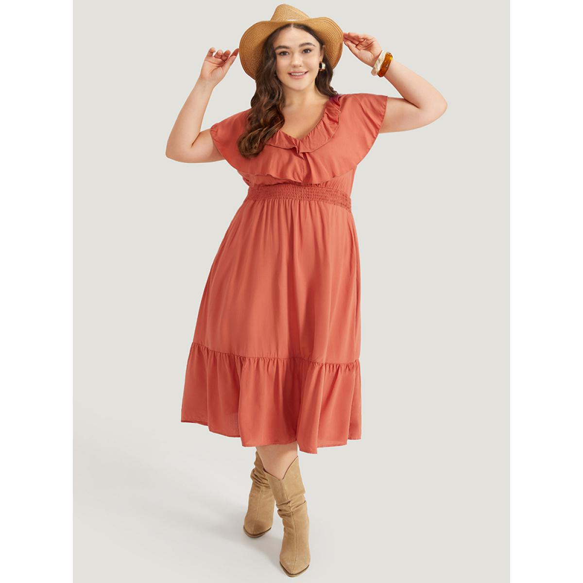 Plus Size Solid Pocket Ruffle Trim Layered Shirred Dress Coral Women Vacation Plain V-neck Sleeveless Curvy Midi Dress BloomChic 30/6X Product Image