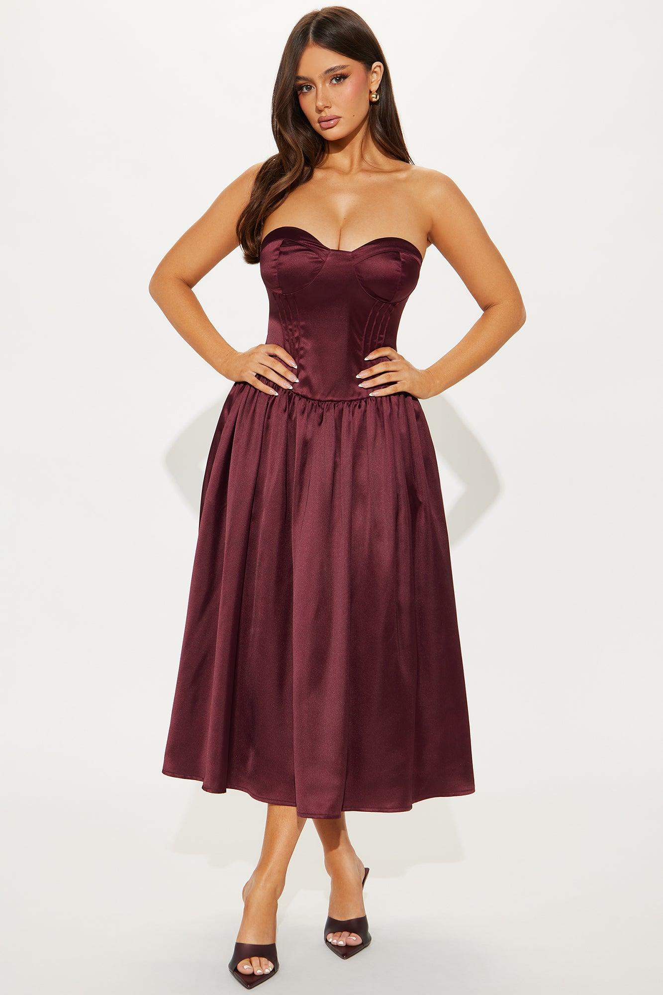 Princess Treatment Corset Satin Midi Dress - Wine Product Image