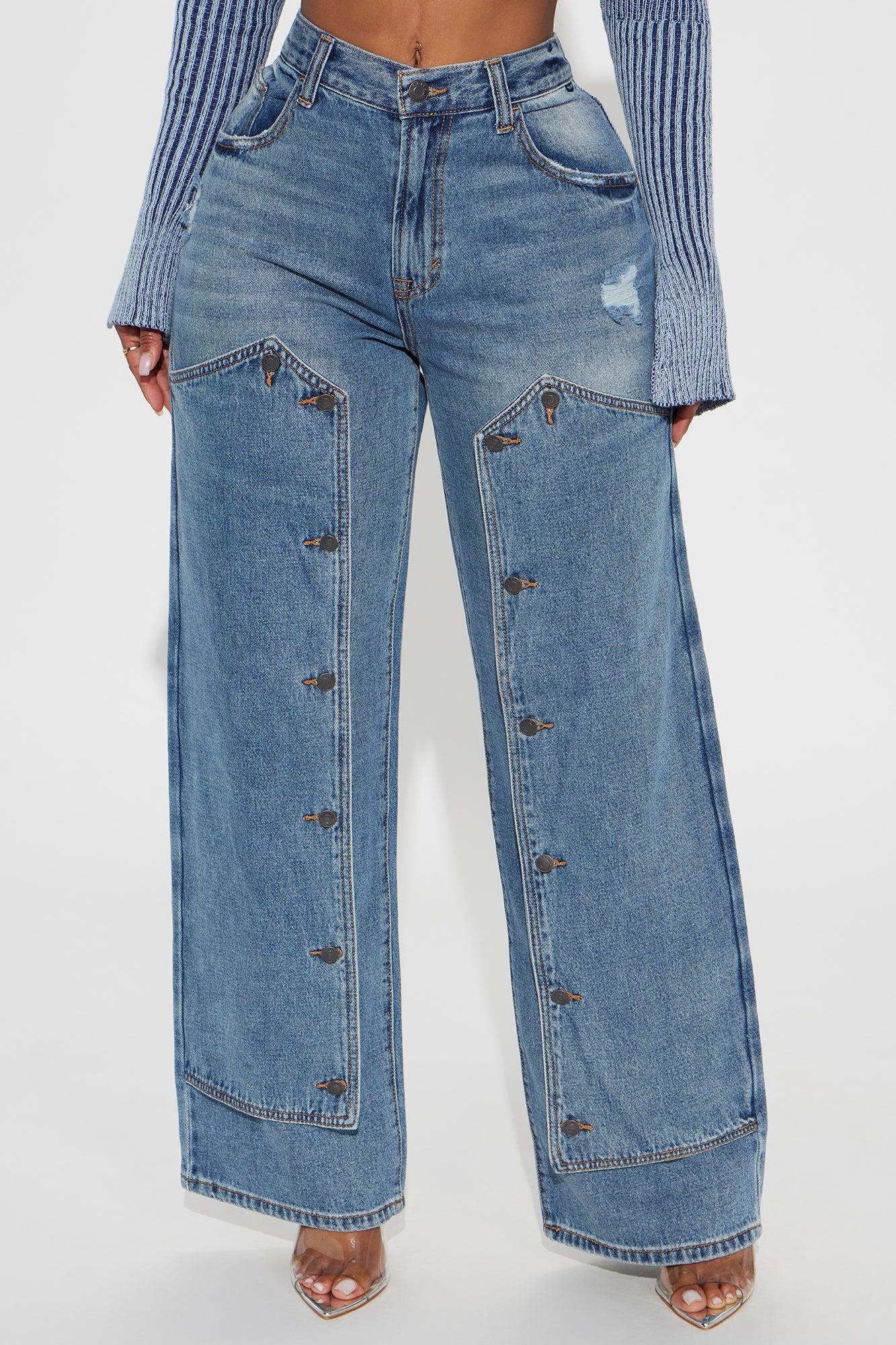 Maritza Button Carpenter Baggy Jeans - Medium Wash Product Image