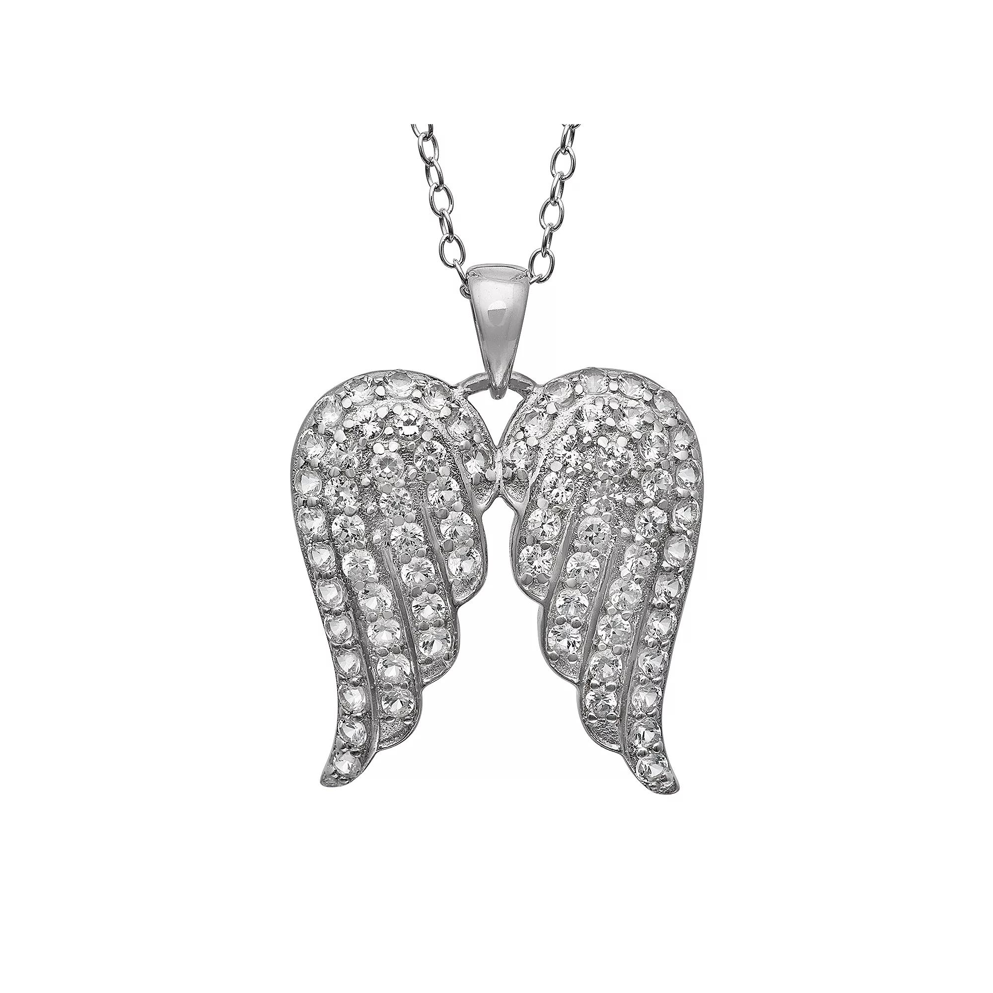 Sterling Silver Lab-Created White Sapphire Angel Wing Pendant, Womens Product Image