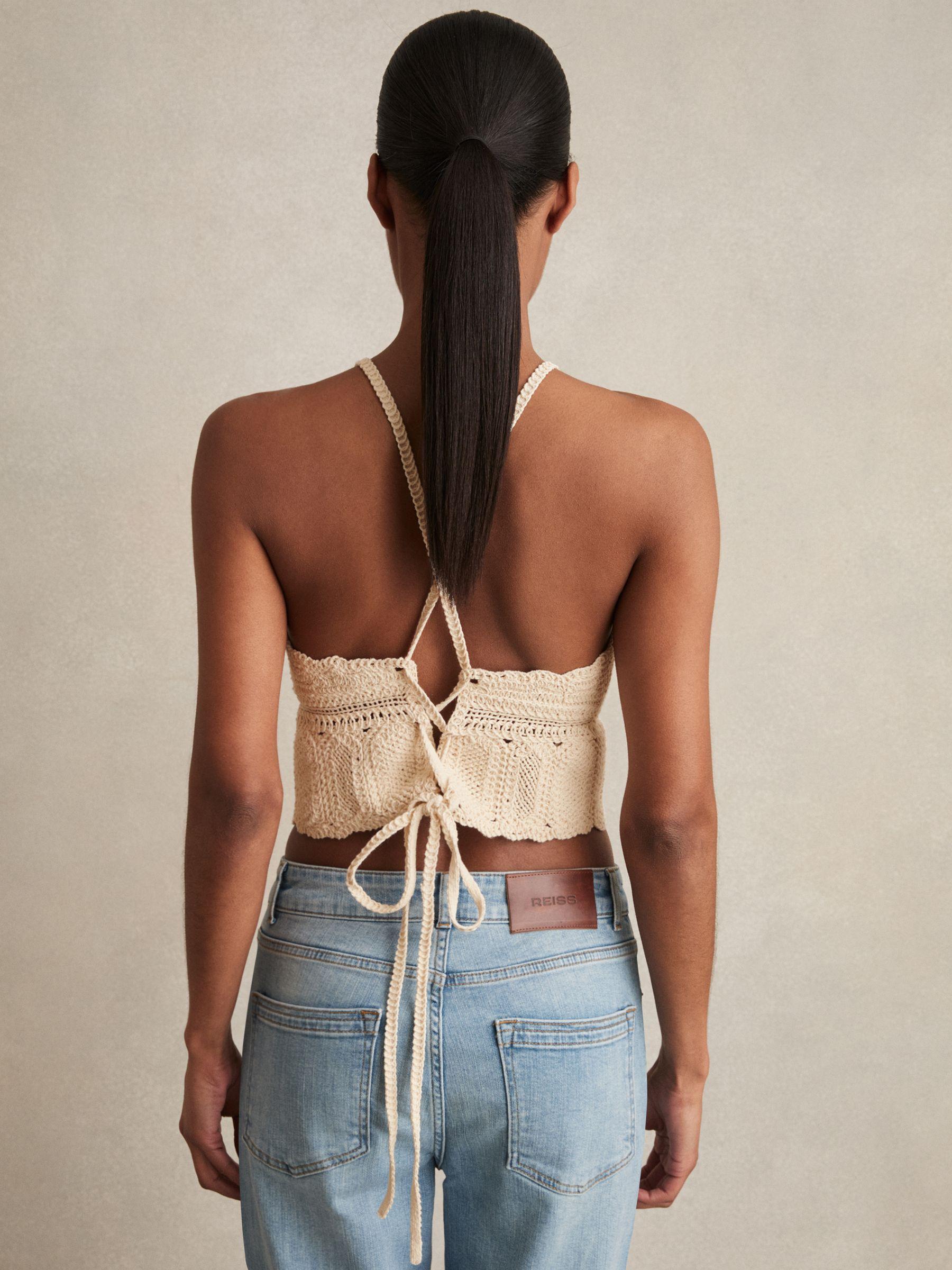 Cotton Crochet Tie-Back Cropped Top in Cream Product Image