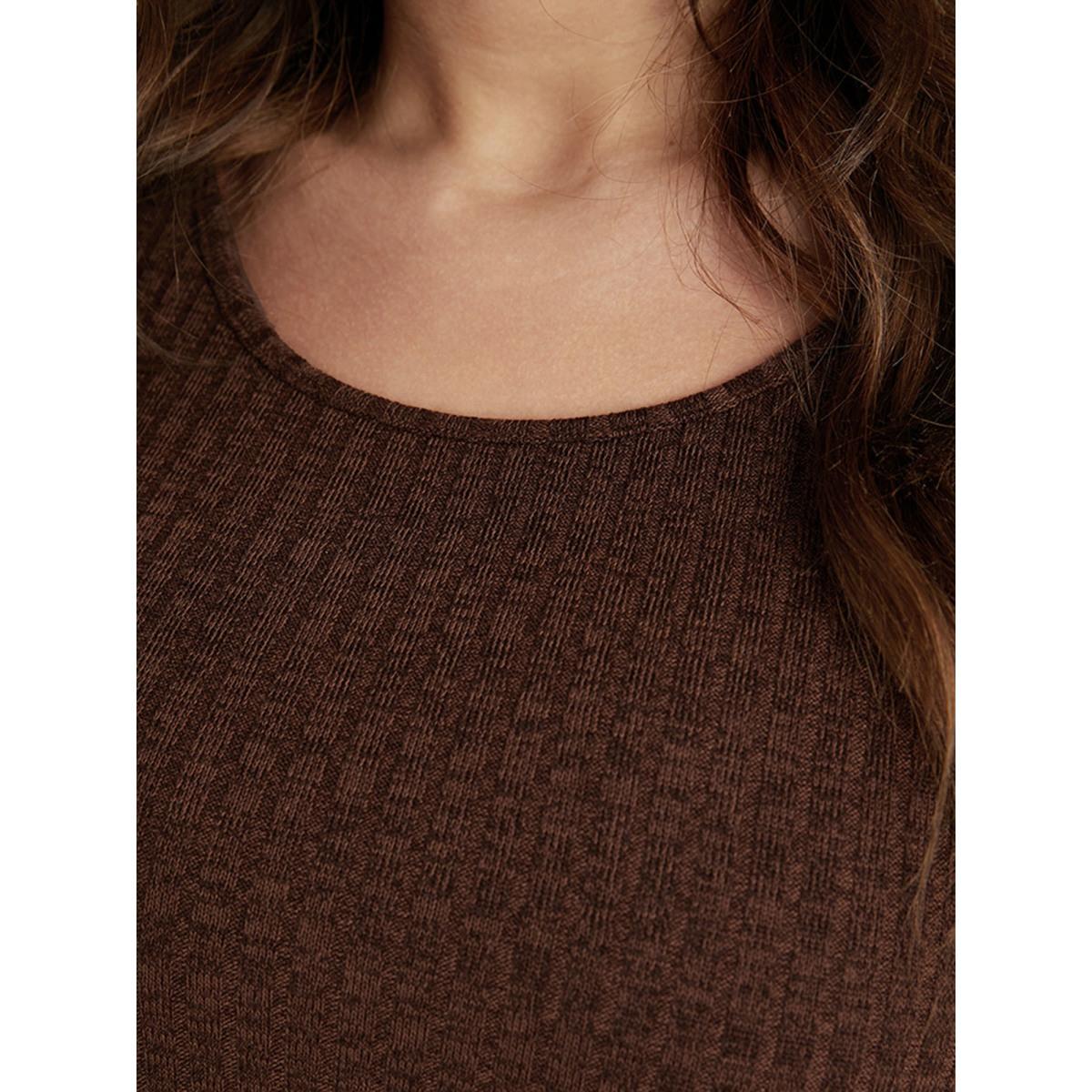 Plus Size Solid Pocket Rib Knit Ruffle Hem Dress Without Belt Aegean Women Leisure Non Round Neck Long Sleeve Curvy Midi Dress BloomChic 26/4X Product Image