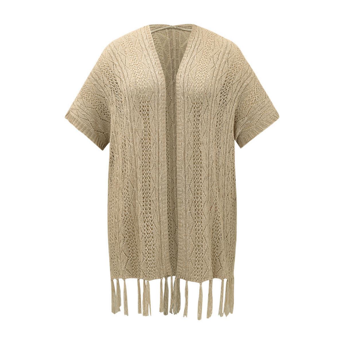 Plus Size Solid Fringe Trim Geometric Eyelet Batwing Sleeve Cardigan Tan Women Casual Loose Long Sleeve Dailywear Cardigans BloomChic 22-24/3X Product Image