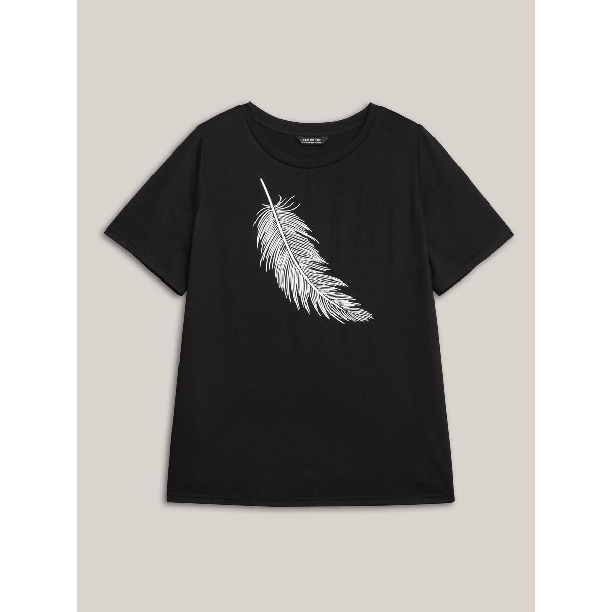 Plus Size Stretchy Feather Print Round Neck T-Shirt Black Women Casual Non Art&design Round Neck Everyday T-shirts BloomChic 22-24/3X Product Image