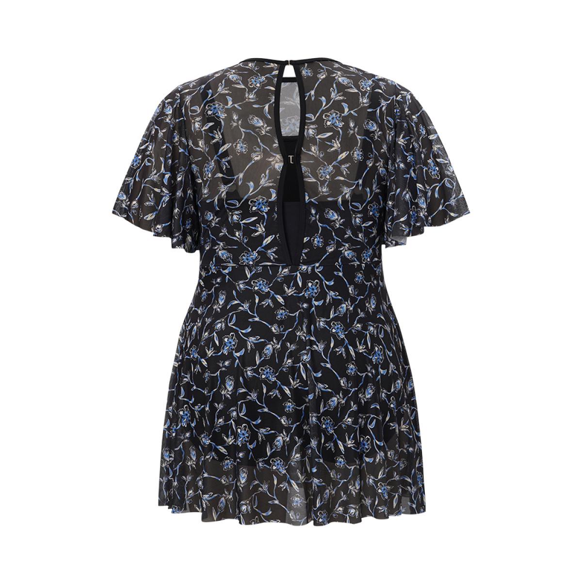 Plus Size Ditsy Floral Ruffle Sleeve Cut Out Swim Dress Women's Swimwear BlackFlower Resort Bodycon Round Neck High stretch Curve Swim Dresses BloomChic 10/M Product Image