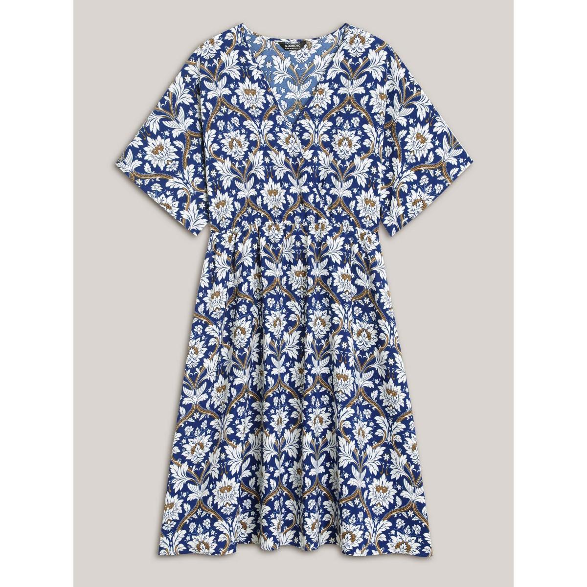 Plus Size Boho Print Shirred Surplice Neck Midi Dress DarkBlue Women Resort Non Overlap Collar Half Sleeve Curvy BloomChic 12/L Product Image