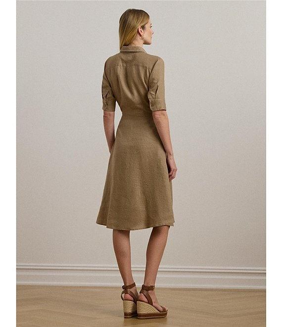 Lauren Ralph Lauren Linen Point Collar Elbow Sleeve Tie Waist Shirt Dress Product Image