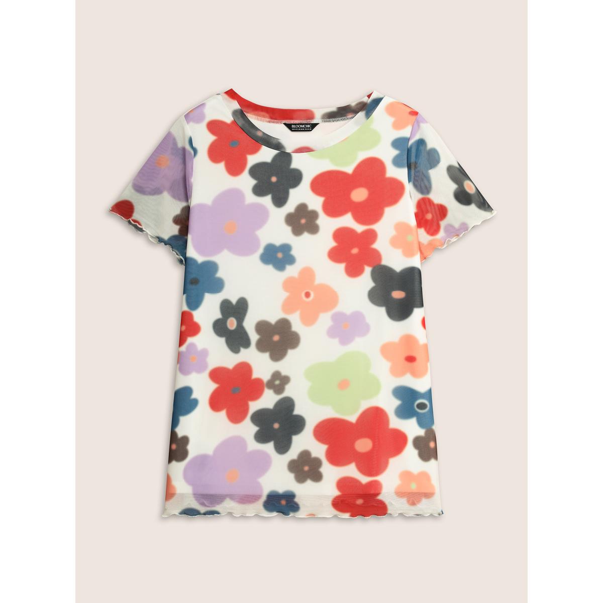 Plus Size Round Neck Colored Floral Mesh T-shirt Multicolor Women Elegant Contrast Natural Flowers Round Neck Everyday T-shirts BloomChic 18-20/2X Product Image