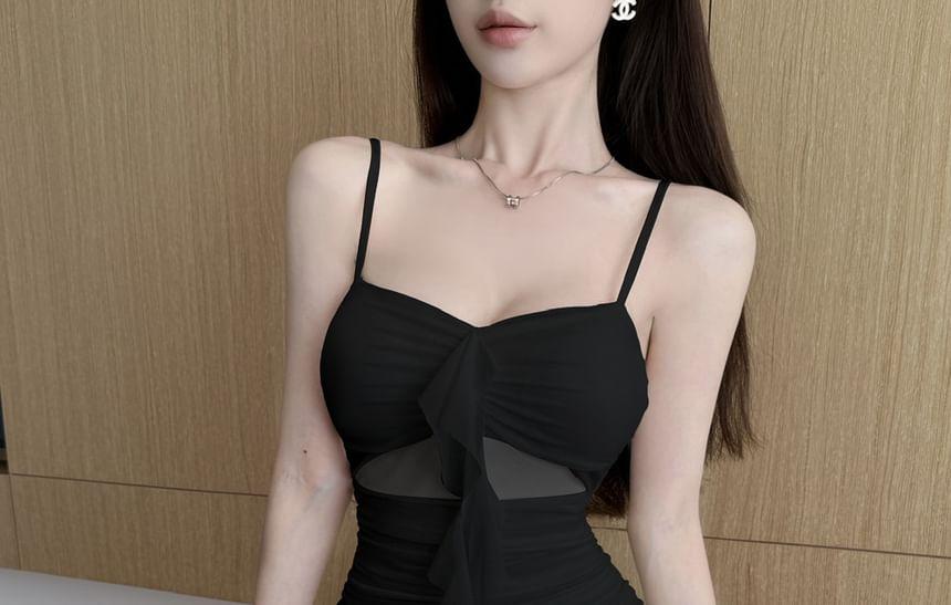 Spaghetti Strap Plain Ruffled Mini Mesh Bodycon Dress Product Image