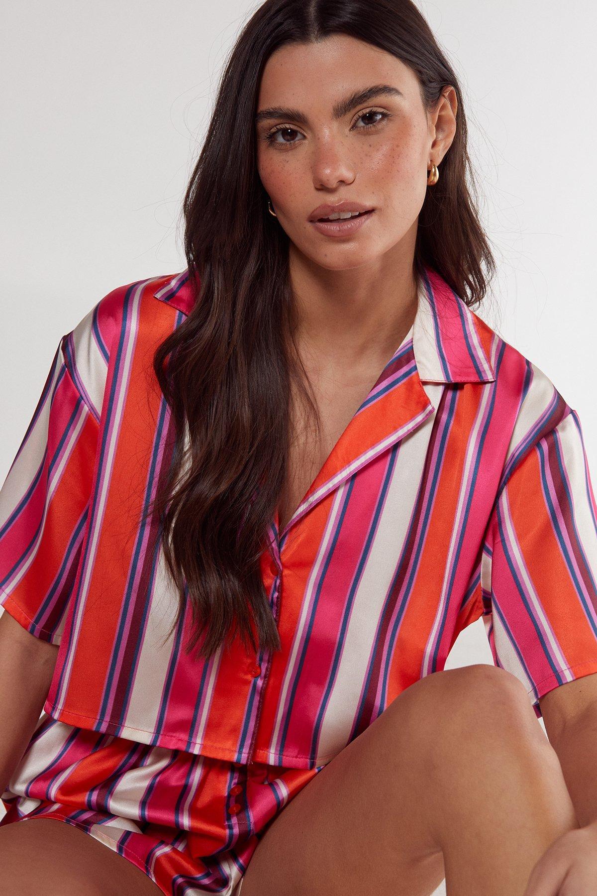 Satin Multi Stripe Cropped Shirt And Shorts Pajama Set Product Image