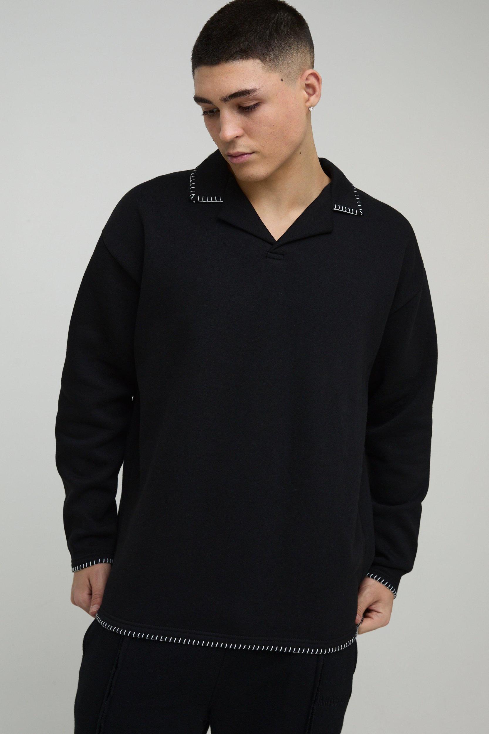 Oversized Boxy Revere Blanket Stitch Polo Sweatshirt | boohooMAN USA Product Image