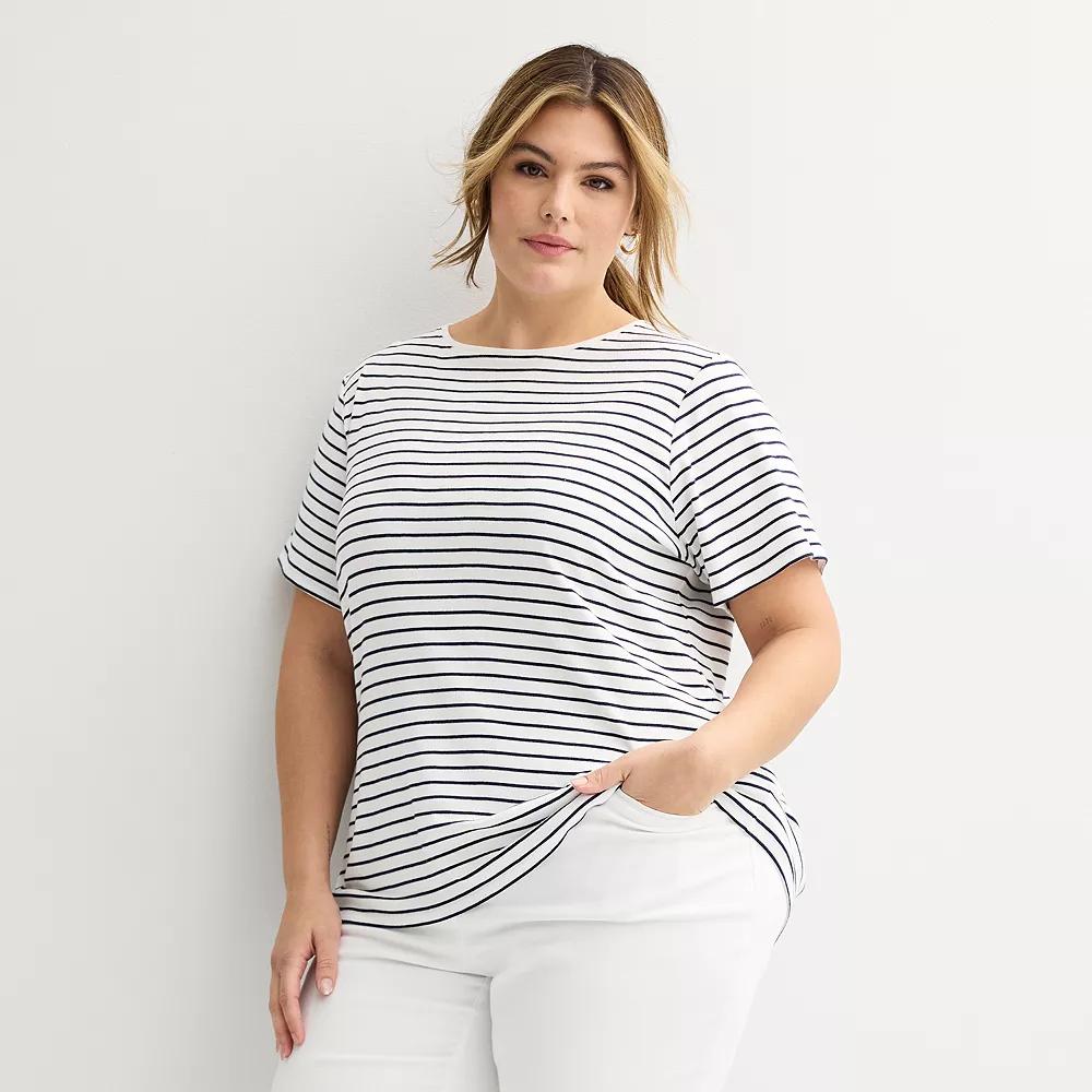 Plus Size Croft & Barrow® Essential Crewneck Top, Women's, Size: 1XL, White Spring Stripe Product Image