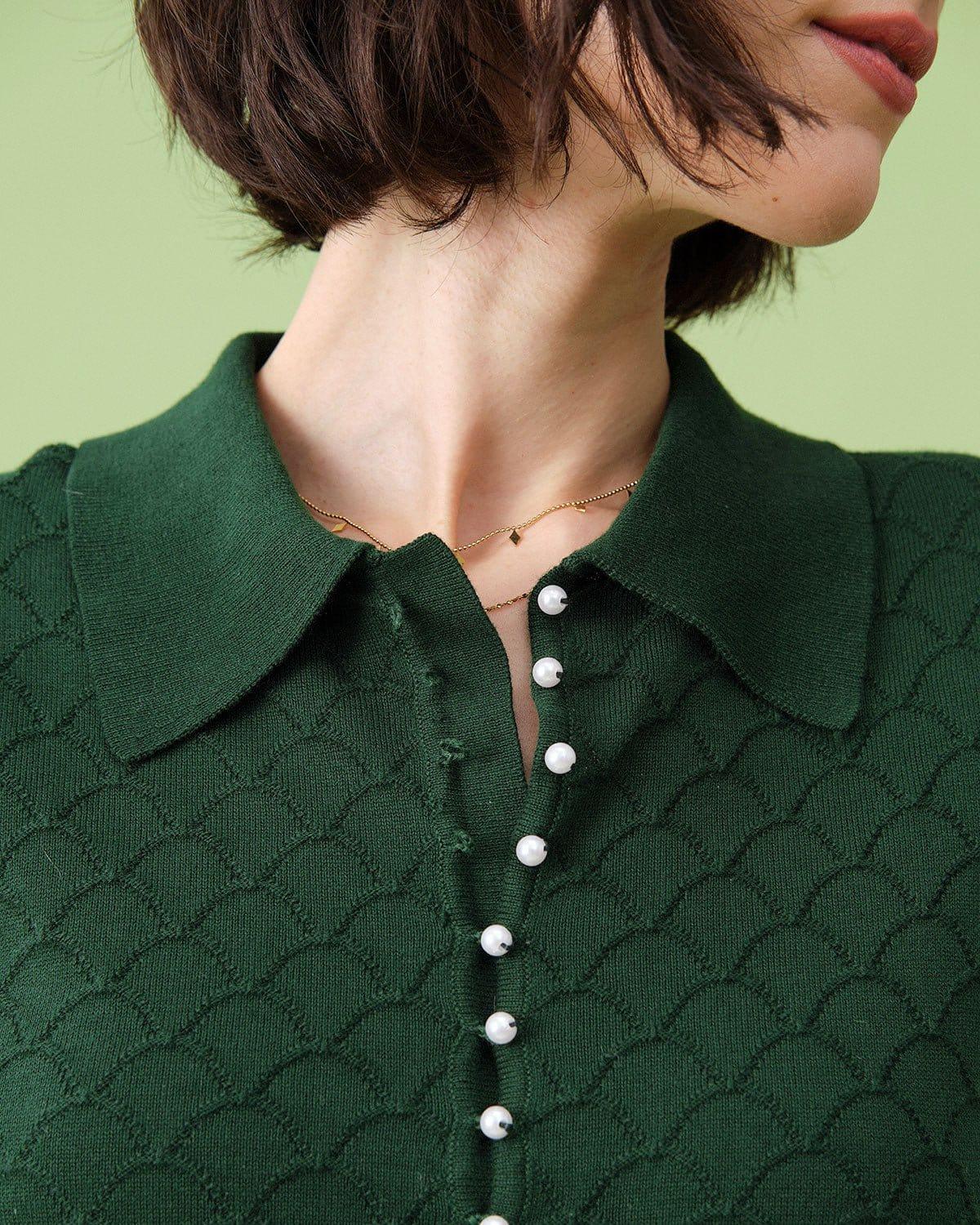 The Green Short Sleeve Textured Lapel Knit Tee Female Product Image