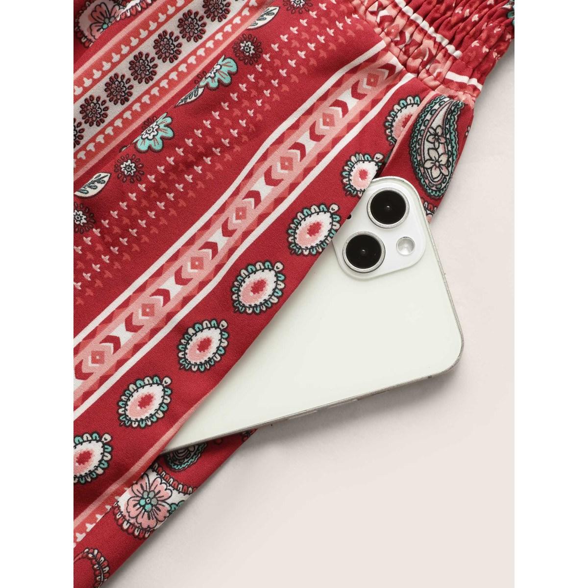 Plus Size Bandana Print Wideband Waist Wide Leg Pants Women Crimson Resort Wide Leg High Rise Vacation Pants BloomChic 18-20/2X Product Image