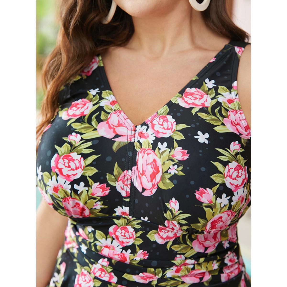 Plus Size Floral Print V Neck Empire Waist Ruffle Hem Swim Dress Women's Swimwear BlackFlower Vacation Bodycon V-neck High stretch Curve Swim Dresses BloomChic 10/M Product Image