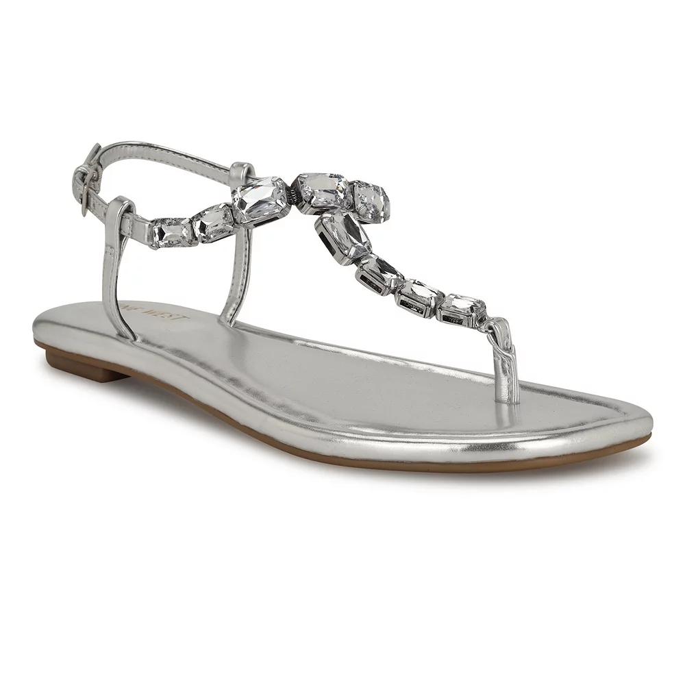 Nine West Dynasti Women's Square Toe Flat Embellished Sandals, Size: 7.5, Silver Product Image