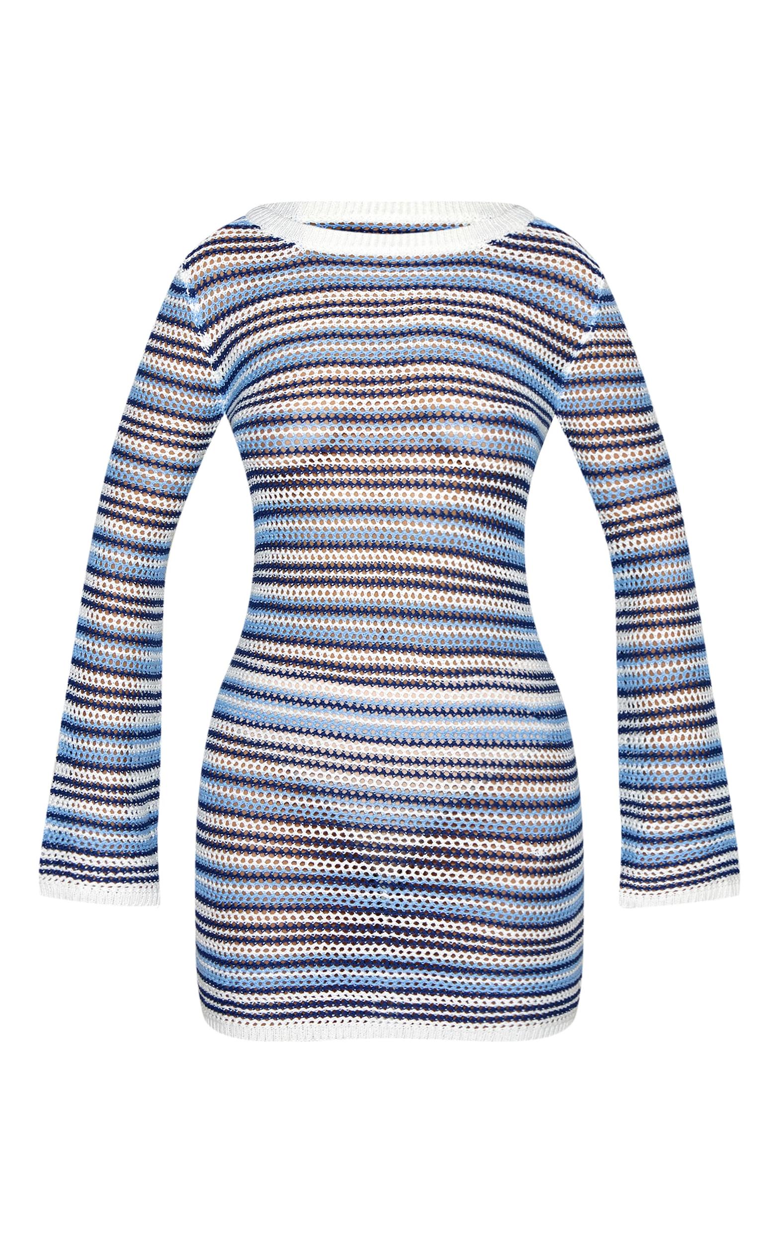 Blue Stripe Crochet Knit Mini Dress Product Image