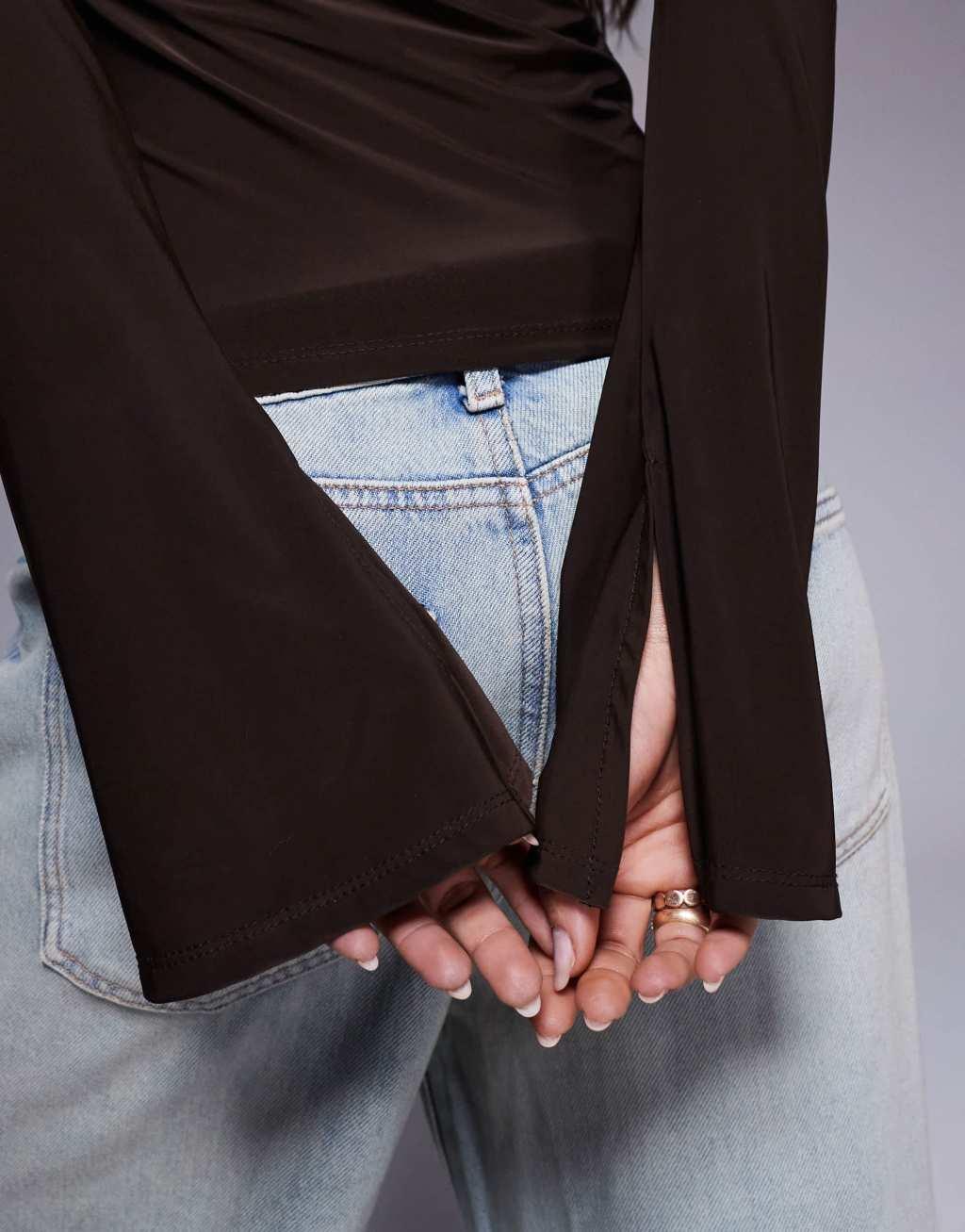 ASOS DESIGN ruched front bardot top in chocolate Product Image