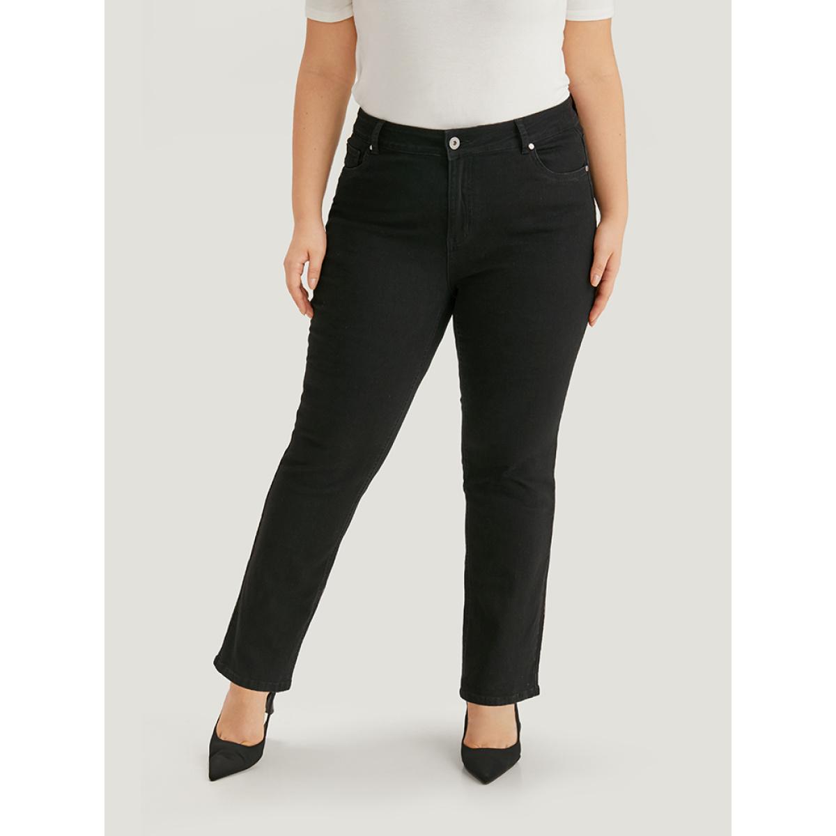 Plus Size Solid High Rise Black Wash Jeans Women Black Casual Plain Plain High stretch Pocket Jeans BloomChic 10/M Product Image
