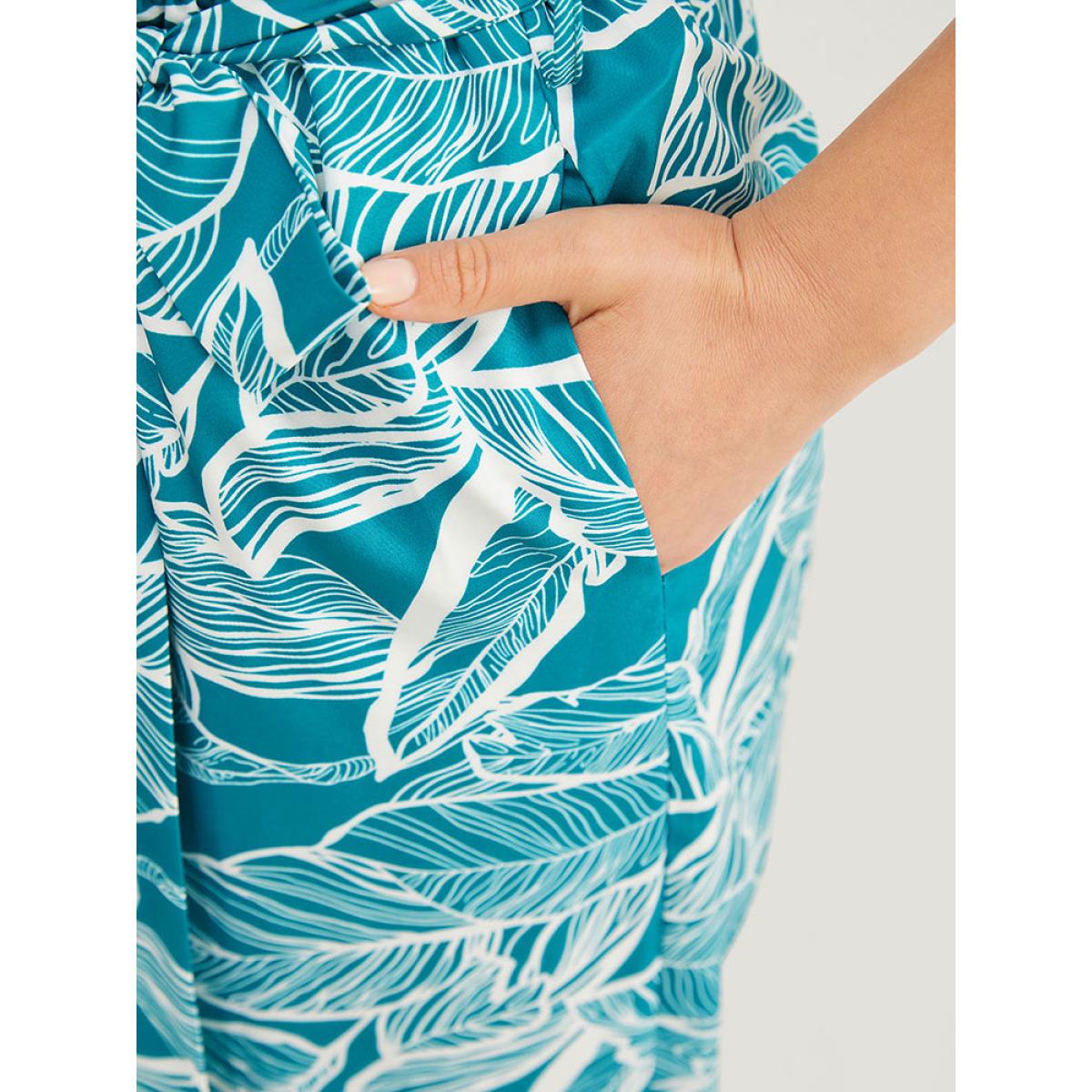 Plus Size Emerald Plant Print Button Through Pocket Belt Cami Jumpsuit Women Vacation Sleeveless Spaghetti Strap Dailywear Loose Jumpsuits BloomChic 12/L Product Image