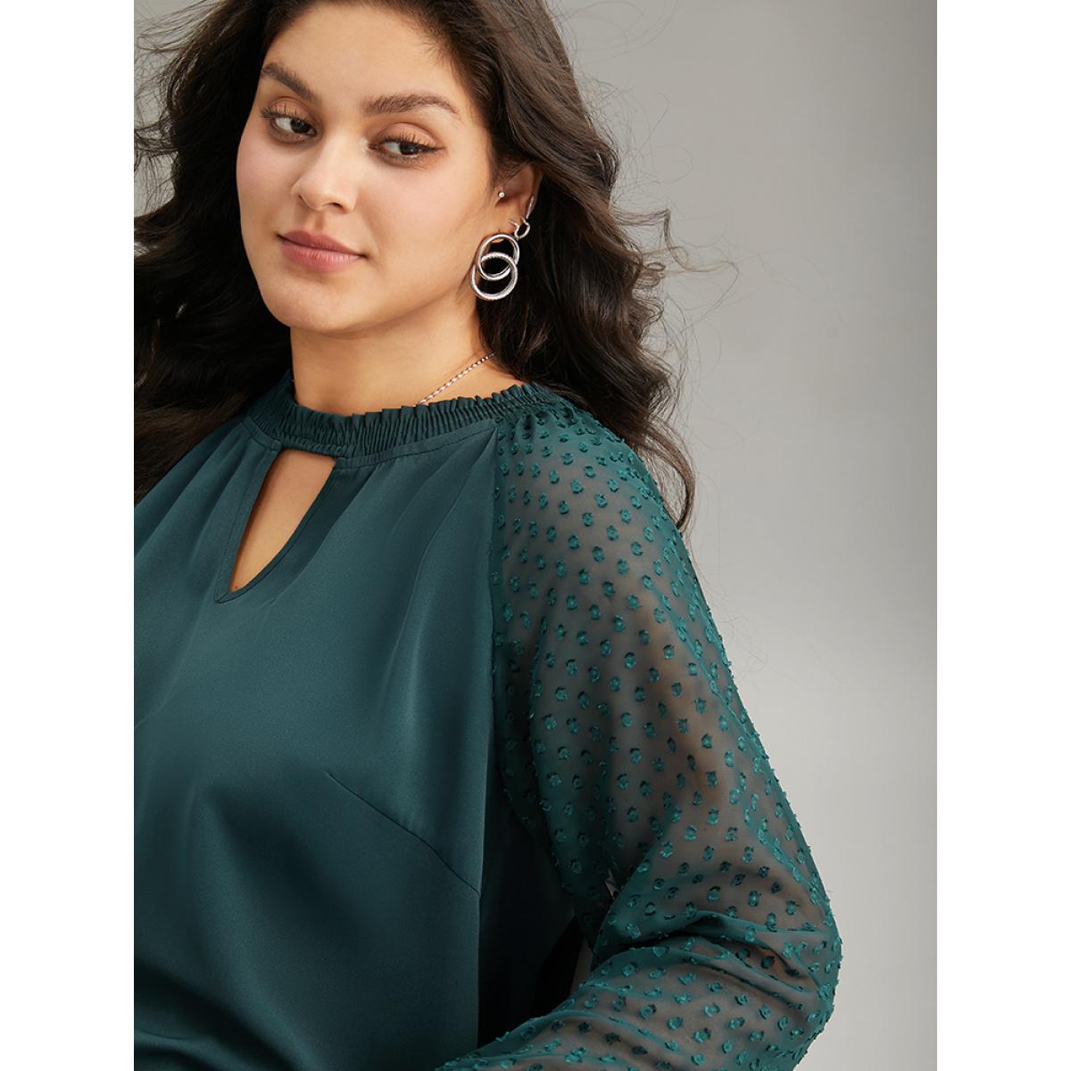 Plus Size Arctic Static-Free Solid Shirred Mesh Texture Keyhole Blouse Women Office Long Sleeve Keyhole Cut-Out Dailywear Blouses BloomChic 10/M Product Image