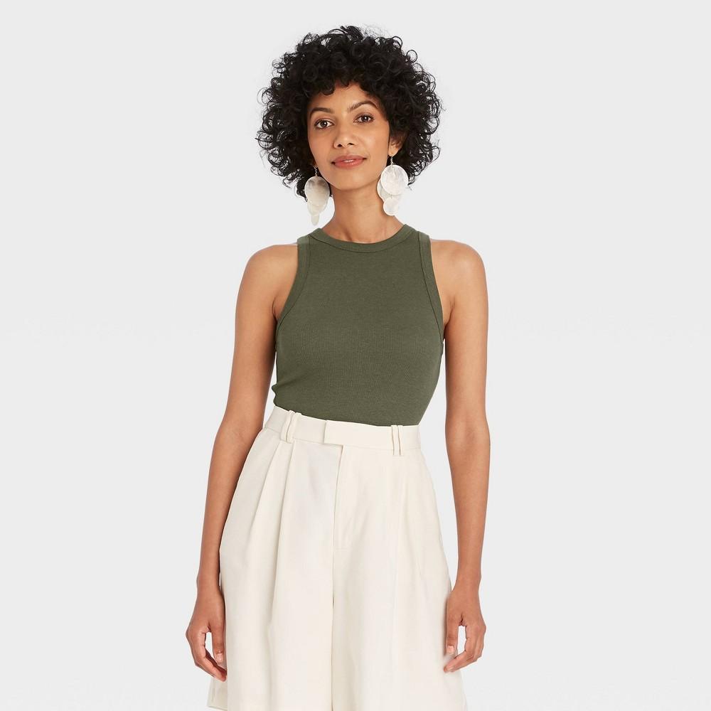 Women's Slim Fit Ribbed Tank Top - A New Day™ Olive M: Cotton Modal Blend, Crew Neck, Sleeveless Product Image