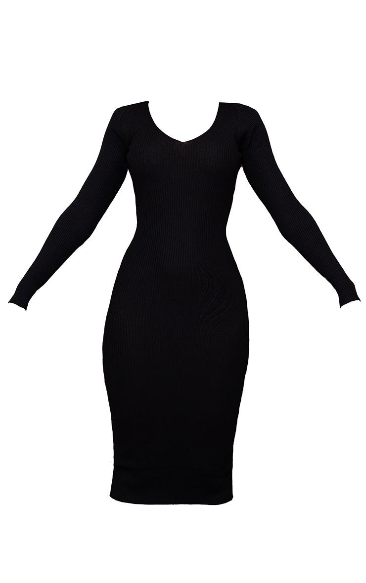 Black V Neck Knit Midi Dress Product Image