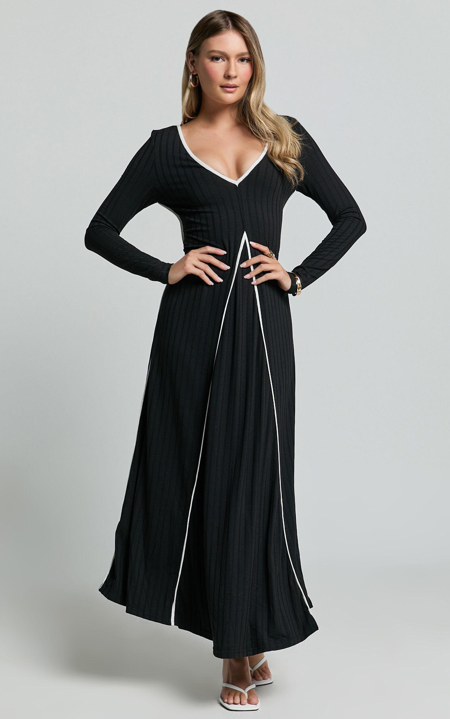 Margie Midi Dress - Long Sleeve Contrast Bind Ribbed Dress in Black Product Image