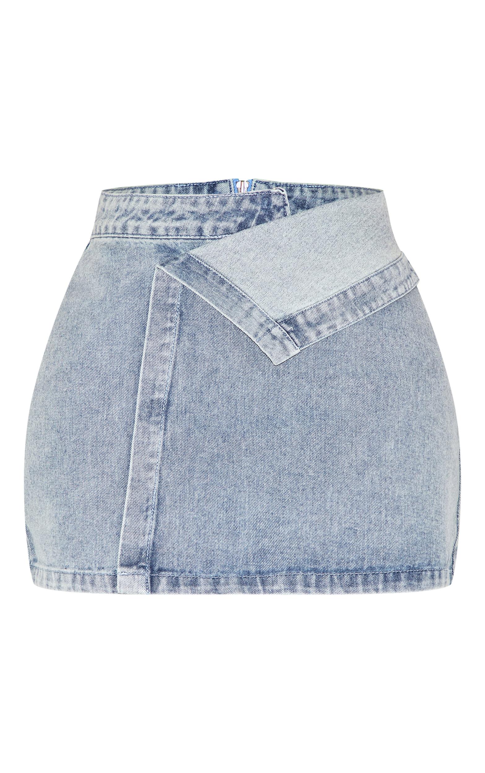 Shape Washed Blue Denim Foldover Waist Mini Skirt Product Image