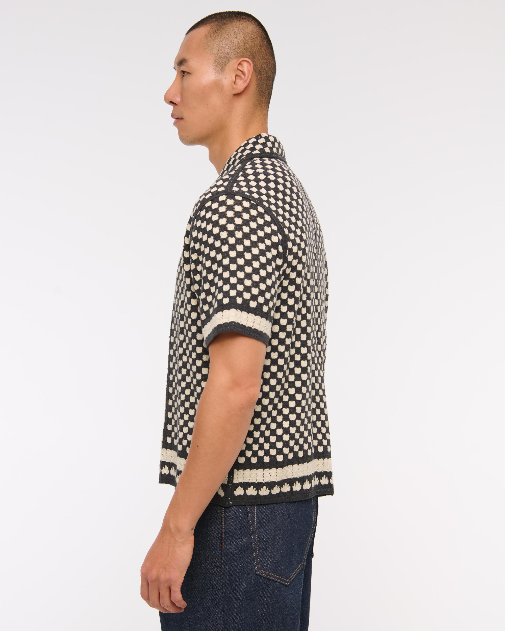 Crochet-Style Border Stripe Button-Through Sweater Polo Product Image