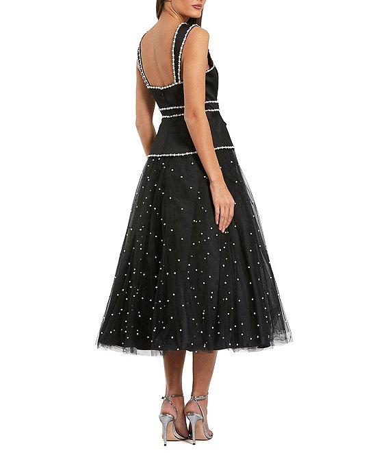 Mac Duggal Square Neck Pearl Trim Tulle Midi Dress Product Image