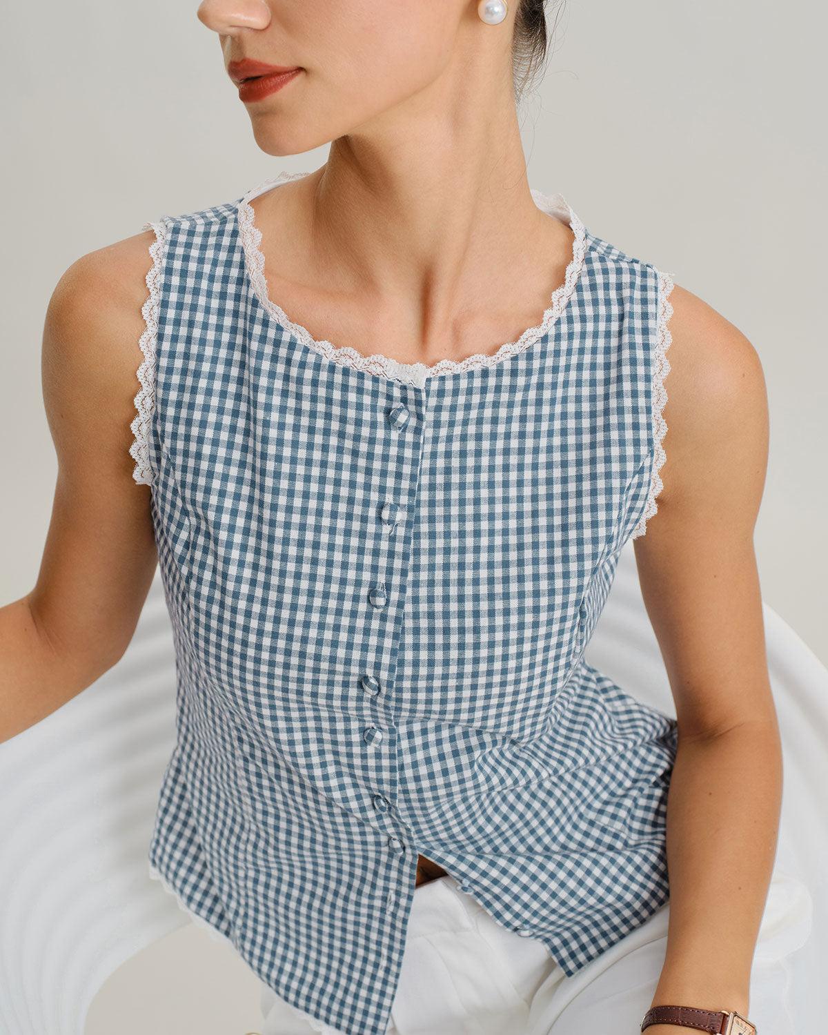 Blue Plaid Boat Neck Tank Top Product Image