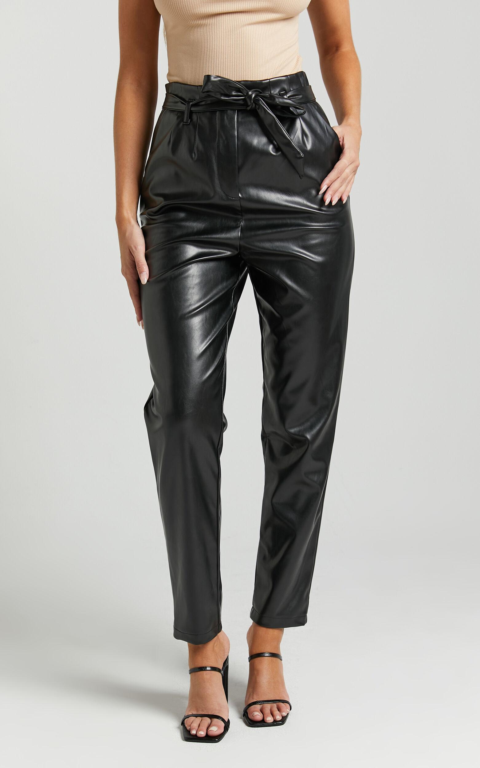 Layton Pants - Paper Bag Waist Faux Leather Pants in Black Product Image