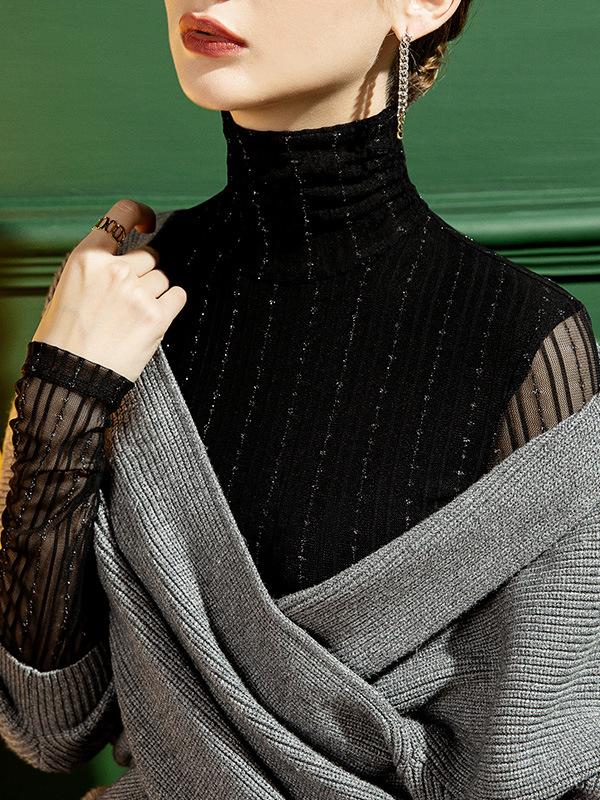 Long Sleeves Skinny See-Through Solid Color High-Neck T-Shirts Tops Product Image