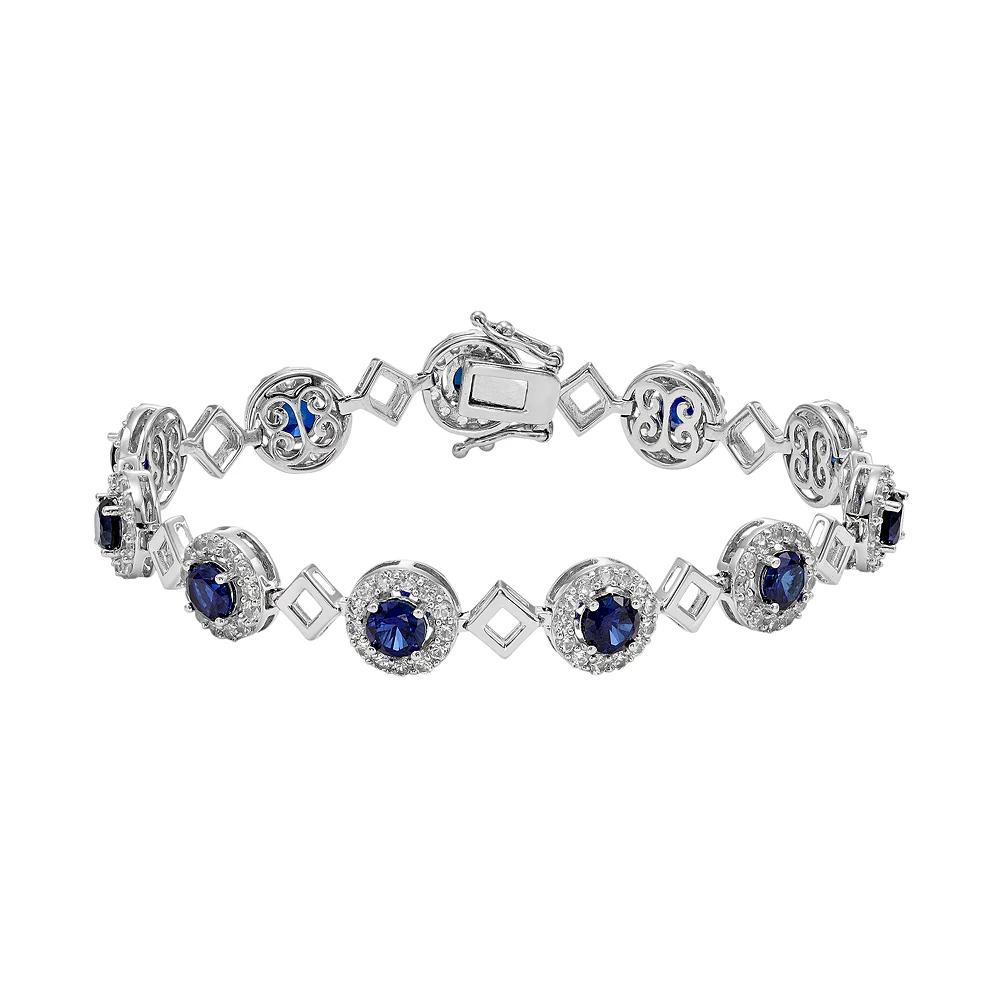Lab-Created Blue & White Sapphire Sterling Silver Halo Bracelet, Women's, Size: 7.5" Product Image