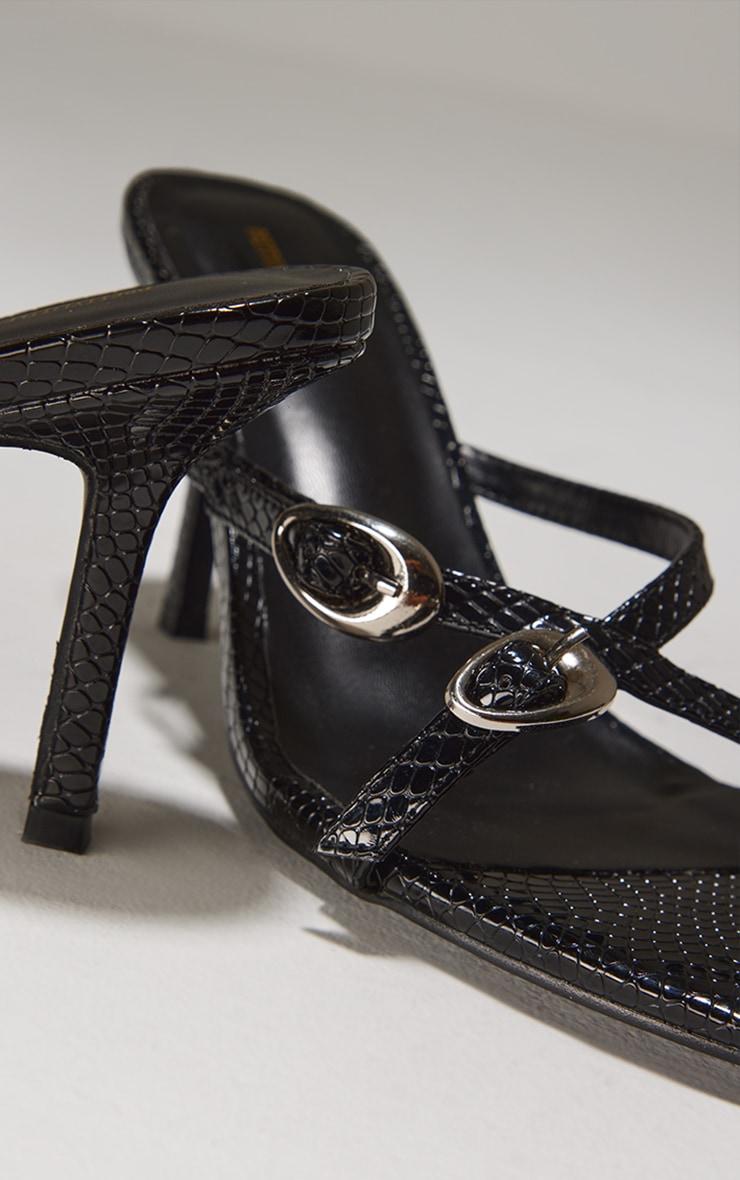 Black Croc PU Round Toe Silver Buckle Cross Strap Detail High Heeled Sandals Product Image