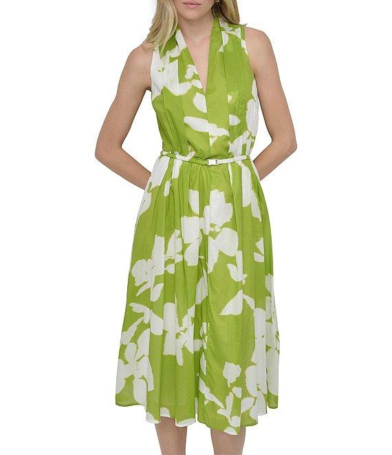 DKNY by Donna Karan Voile Floral Print V Neck Sleeveless Print Halter Midi Dress Product Image