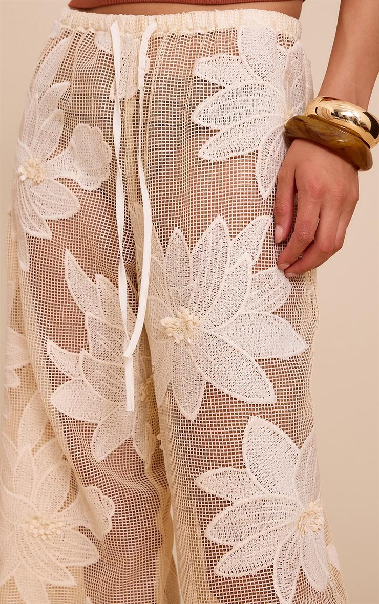 Beige Textured Flower Detail Wide Leg Pants Product Image