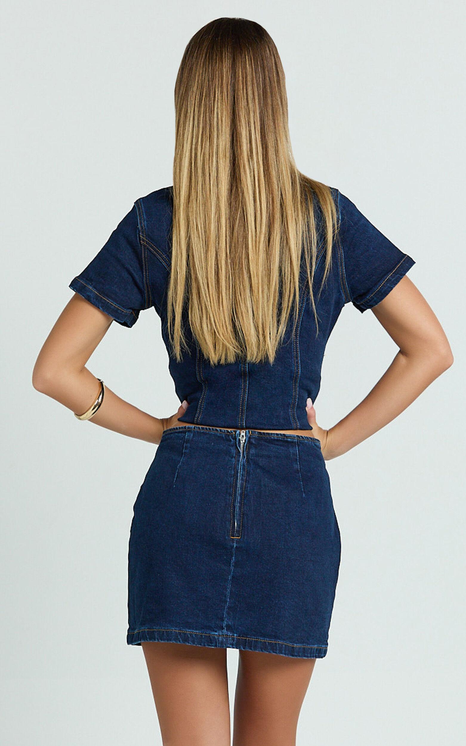 Paige Mini Skirt - High Waisted Denim Skirt in Dark Blue Wash Product Image