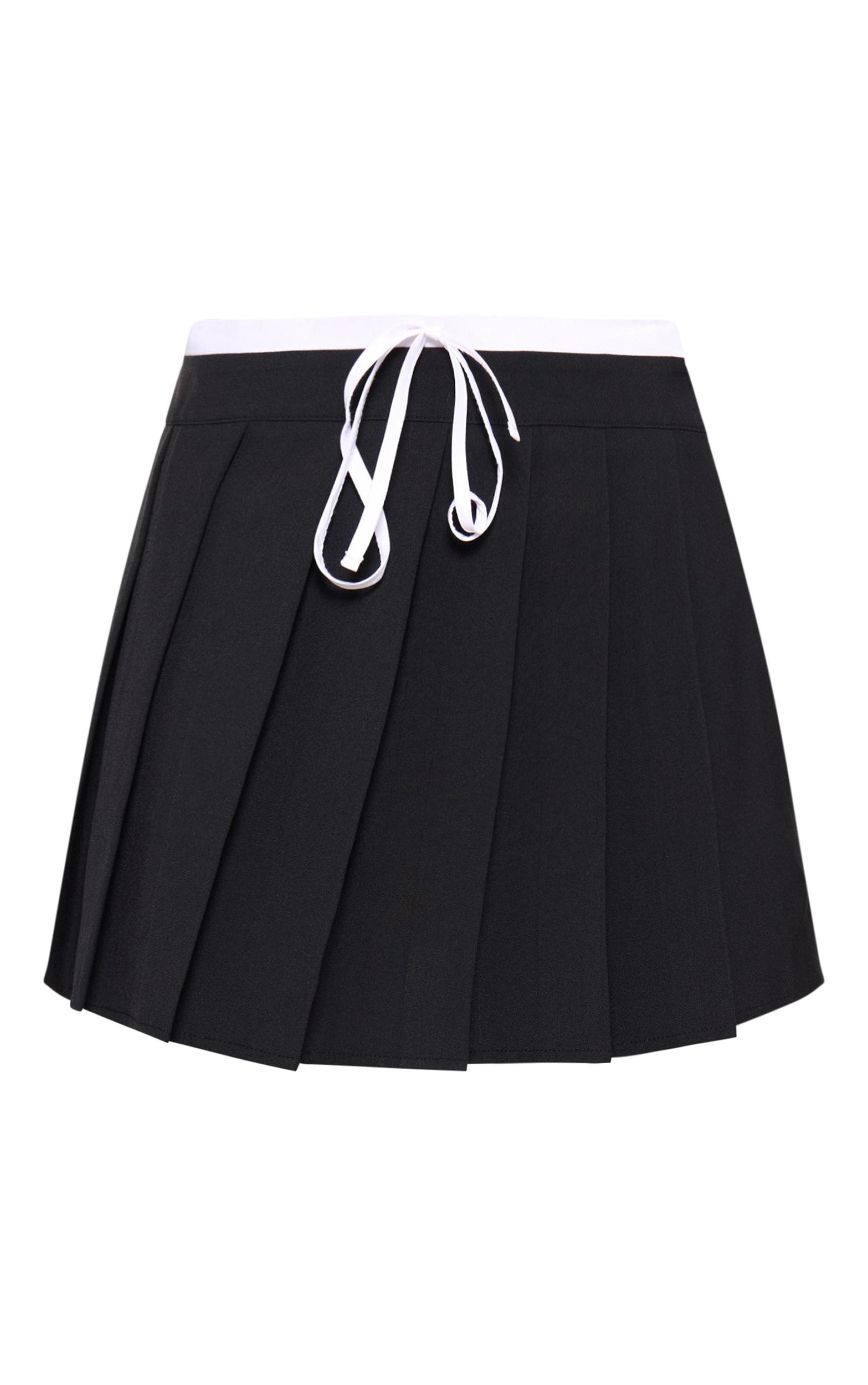 Black Drawstring Double Waistband Tailored Pleated Mini Skirt Product Image