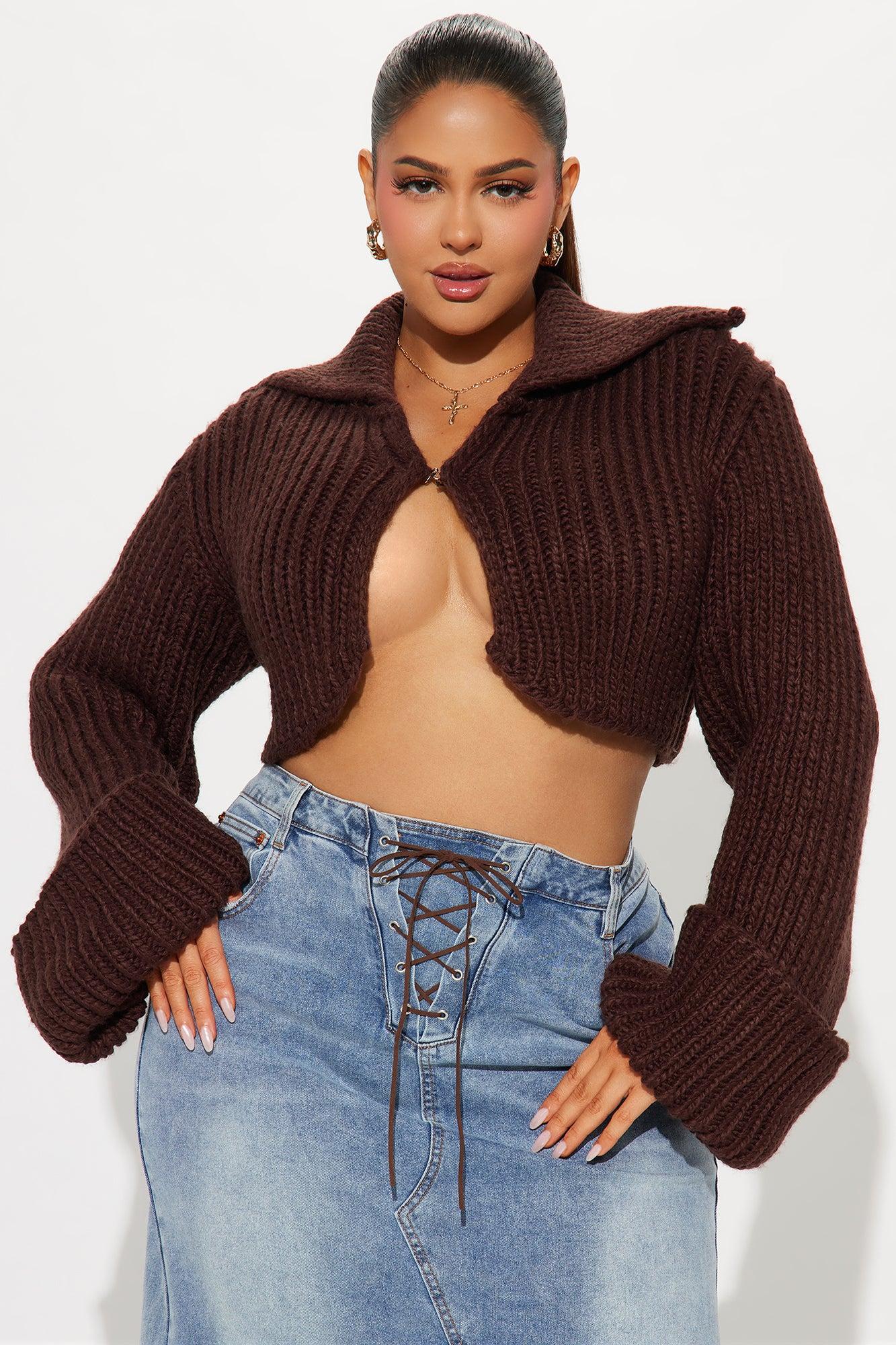 Downtown Chunky Knit Cropped Cardigan - Chocolate Product Image