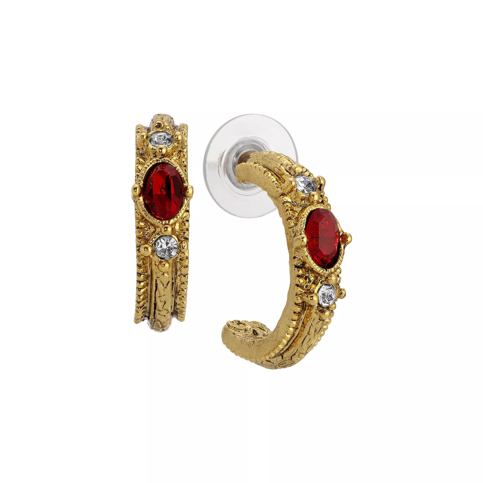 1928 Gold Tone Oval Crystal Hoop Earrings, Womens, Red Product Image