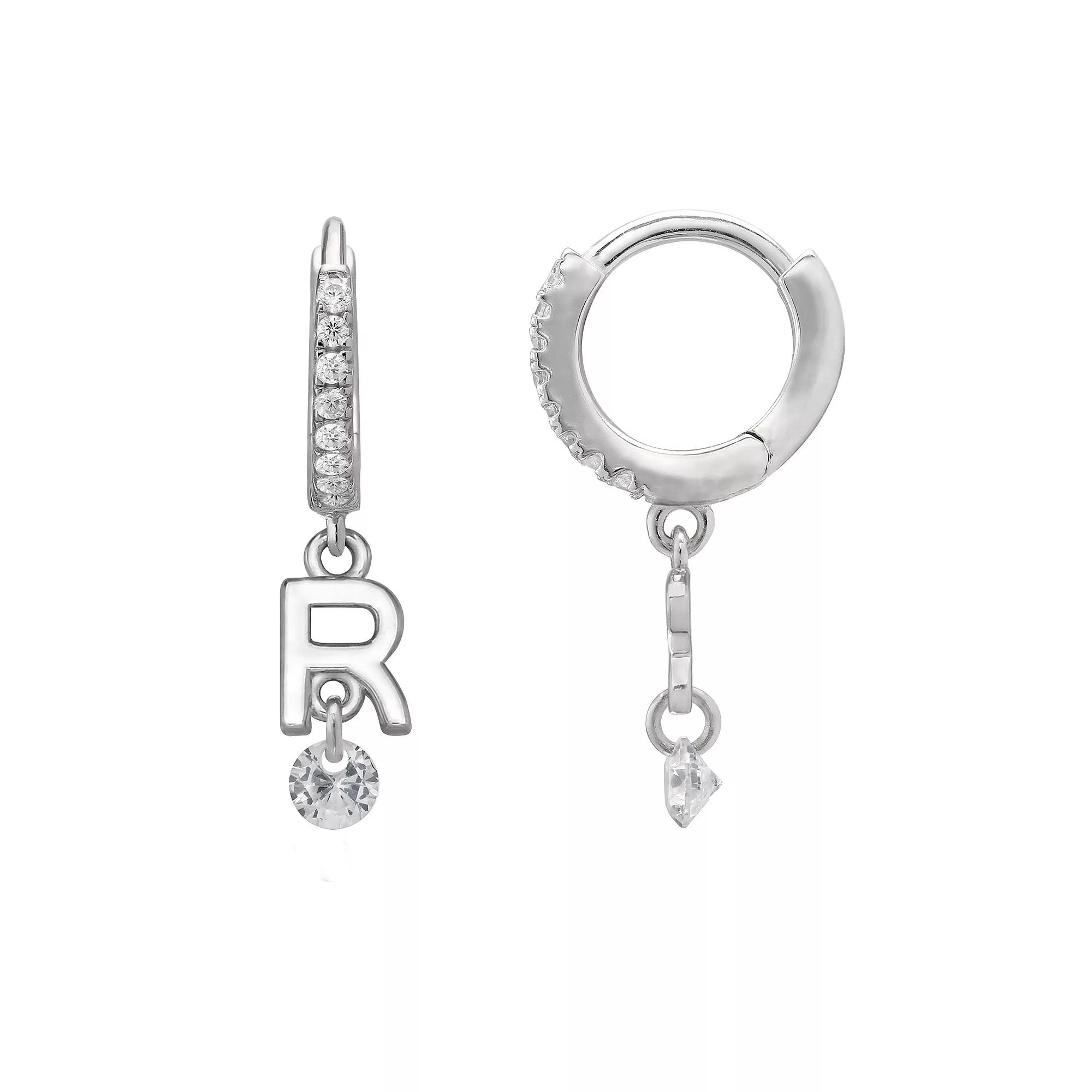 PRIMROSE Sterling Silver Initial Huggie Hoop Drop Earrings, Women's, Sterling Silver U Product Image