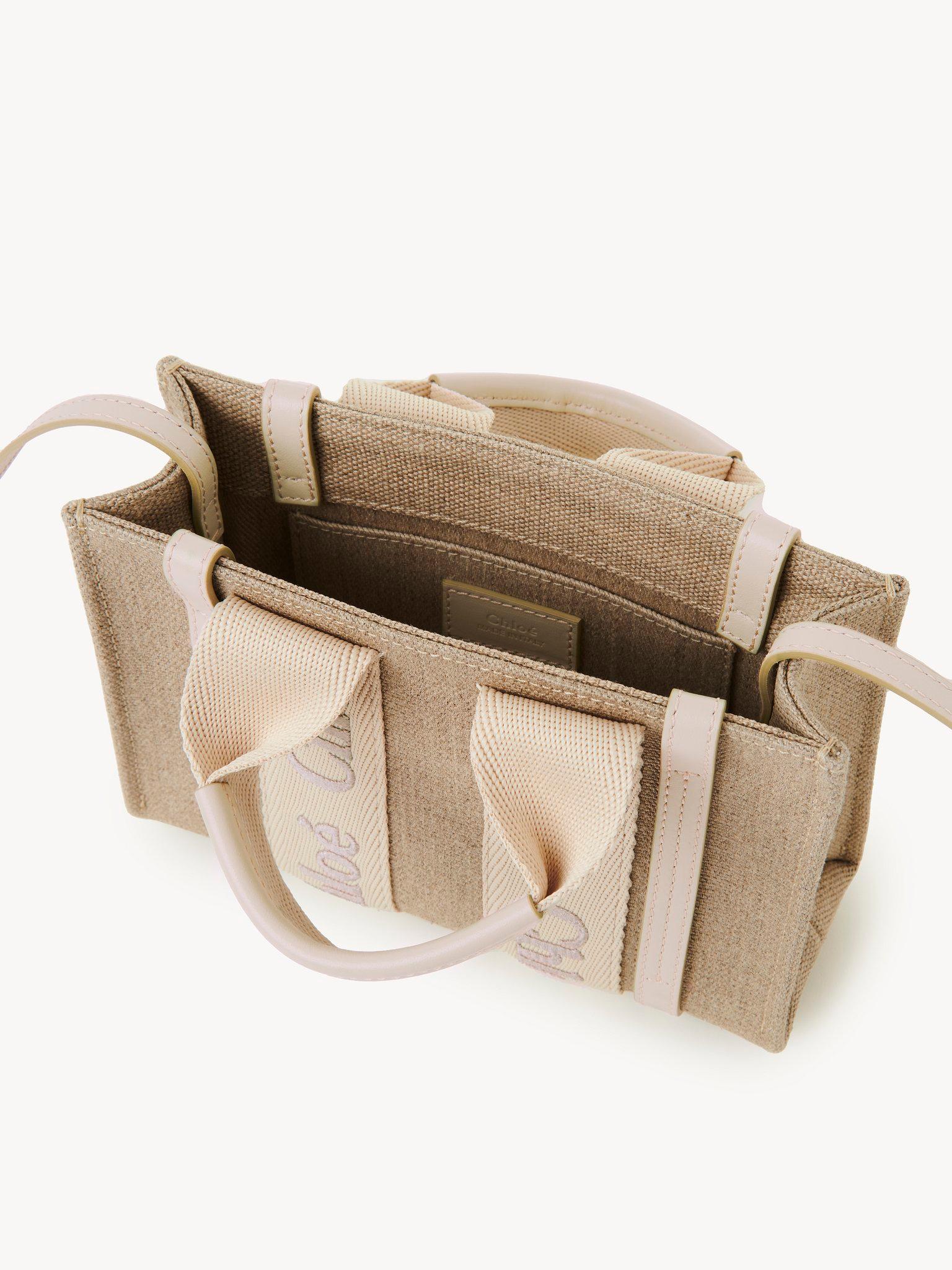 Mini Woody tote bag in linen & leather Product Image